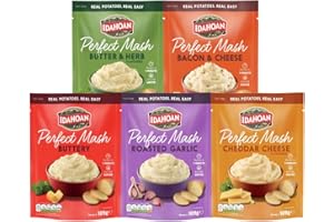 Idahoan Perfect Mash Potato Variety Pack of 5 x 109g - Instant Mashed Potato Butter & Herb, Buttery, Bacon & Cheese, Roasted Garlic, Cheddar Cheese Mashed Potaoes Cooks in 1 Minute Ready To Eat