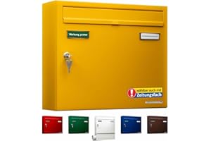 ‎AL BRIEFKASTENSYSTEME AL Briefkasten Systeme Basic 1er Briefkasten in RAL 1003 Signal Gelb 1 Fach DIN A4 Postkasten wetterfest wasserdicht rostfrei Briefkastenanlage mit Posthaltebügel und 2 Namensschildern