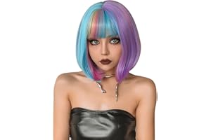 Pretfy Short Bob Rainbow Wig, 12" Short Bob Wig with Bangs, Short Colourful Bob Wig with Fringe, Pink Blue Colour Festival Wigs with Hair Net Heat Resistant Synthetic for Women Cosplay Party Daily Use