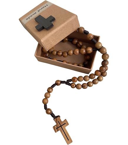 UYUYong Chapelet Catholique En Bois Avec Crucifix Vintage - Collier Et Bracelet De Prière Chrétienne, Pochette Velours Pour Baptême, Communion Et Mariage