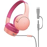 Belkin SoundForm Mini Kids Kablolu Kulaklık (Pembe) &ndash; USB-C + 3,5 mm Adapt&ouml;r, Dahili Mikrofon, 85 dB Ses Sınırı, Eğlenceli &Ccedil;ı