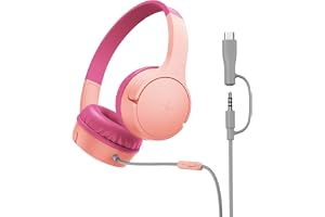 Belkin SoundForm Mini Kids Wired Headphones with USB-C to 3.5mm Dongle, Built-in Mic & Fun Stickers, 85dB Max Volume – for Online Learning, Travel, Compatible with iPhone, iPad, Galaxy, etc - Pink