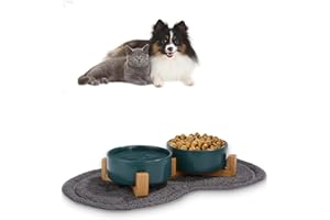 Zawaer Gamelle Sureleve 2x400ML Ceramique Bol AVCE Support Tapis Antidérapant pour Chat Chien (Vert)
