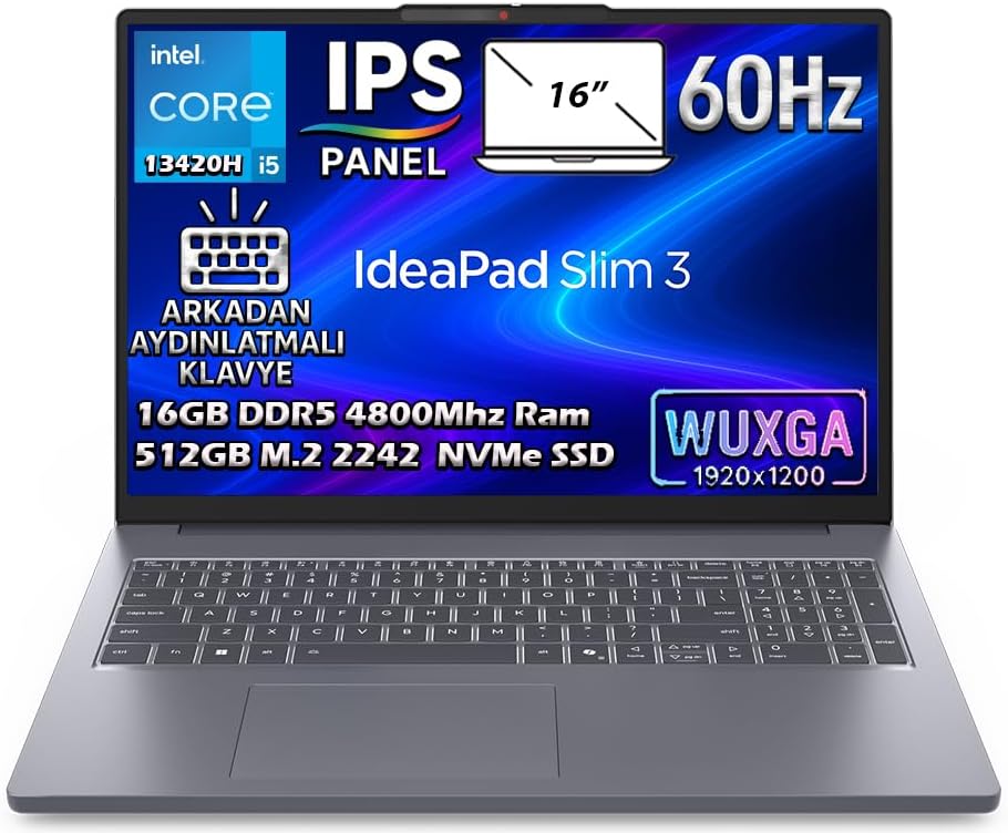 Lenovo IdeaPad Slim 3 16IRH10 83K20073TR i5-13420H 16 GB 512 GB SSD UHD Graphics 16" Free Dos WUXGA Notebook