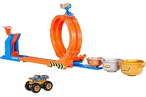 Hot Wheels Monster Trucks Trofeo Challenge de loopings y giros Bigfoot Conjunto de de Pista y camión, Conjunto de Juego con vehículo metálico 50 Aniversario a Escala 1:64, Dos Formas de Jugar, JBX64