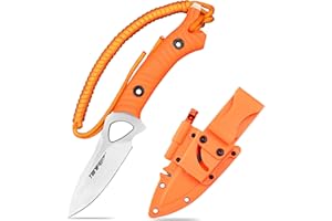 TONIFE Explorer Coltello a Lama Fissa con Fodero in Plastica 8Cr14MoV Coltello da Sopravvivenza, Impugnatura Ergonomica per la Pesca all'aperto Coltello da Pesca (Arancione+satinato)