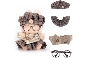 WALLFID Vestiti per bambola Labubu, set di 4 pezzi per bambole da 17 cm, vestito alla moda con cappello, top, pantaloni e accessori, essenziale per guardaroba delle bambole (senza bambola) (marrone