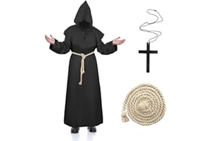 JOYUE Kostium mnicha, szata pryster z kapturem i krzyżykiem, średniowieczna szata renesansowa, szata męska, czarna czapka mnicha, na Halloween, karnawał, imprezę tematyczną