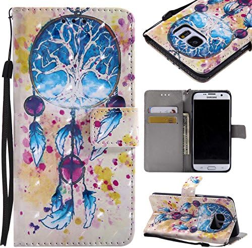 Galaxy S7 Edge Case, Conber Diamond Leather Case with [free Tempered Glass Screen Protector][Card Holder][Hand Strap], Galaxy S7 Edge Premium Leather Wallet Flip Case with Stand Cover, Colorful Painting Pattern Design Protective Shell Case Cover for Samsung Galaxy S7 Edge - Wind Chimes