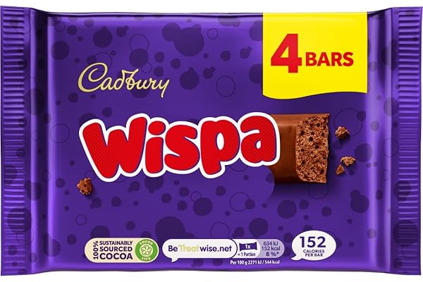 Cadbury Wispa chokladkaka, slät mjölk choklad, 4 x 28,9 g (paket med 1) | Delbar godis, ikonisk bubbelstruktur, för mellanmål och delning