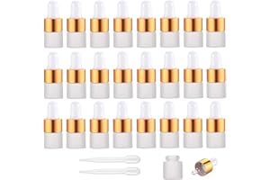 Yalbdopo 24Pcs, 1Ml Frosted Glass Sample Dropper Bottles, Empty Mini Bottles with Dropper Pipettes Golden Aluminum Alloy Cap Refillable Sample Container for Essential Oils Perfume Cosmetic Liquid