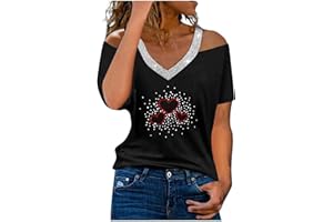 KMDWQF Women's Summer V Neck Off The Shoulder Dandelion Print Short Sleeve T Shirt Top Blouse Tankini Swimsuit Tops for Women Women's Mini Shirt Extensions 60Th Birthday Gifts for Women Sale Promotion