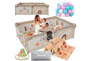 DeFieltro Parque Infantil Bebe 120x120 - Corralito Bebe con Malla de Animales Transpirable, Alfombra Acolchada +60 BOLAS +4 Anillas - Corral Baby con Estructura ANTIDESLIZANTE (120 x 120 CM)