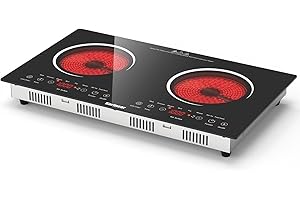 ‎KARINEAR Karinear Glaskeramikkochfeld 2 Platten mit Stecker, Keramik Kochfeld Kochplatte 2er Freistehend, Herdplatte 2 Kochfelder Mobil oder Einbau, Timer, Sicherheitsschloss, Restwärmeanzeige, 220-240V