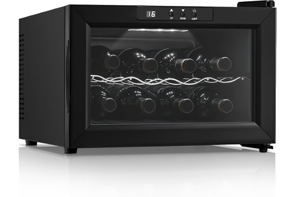 FOHERE 8 flaskor vinkylskåp, fristående mini vin kylskåp | 8–18 °C justerbar, glasdörr med LED-skärm, rött och vitt vinförvaring, bordskylskåp för hemmet