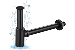 KINKIBOS Messing Siphon Universal für Waschbecken & Waschtisch, Flaschensiphon in 1 1/4 x 32 mm, Abfluss Ablaufgarnitur, Geruchsverschluss mit Reinigungsöffnung Sifon Spülbecken Abflussrohr, Schwarz