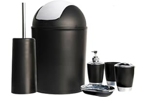 WAY BETTA 6pc Bathroom Accessories Set Bin Soap Dispenser Dish Toothbrush Tumbler Toilet Brush Holder Modern Vanity Organiser Kit For Home & Hotel (Black)