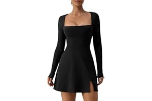 Yoisdtxc Women's Solid Color Square Neck Long Sleeve Dress Shrugged Shoulder Split Bottom Short Skirt Elastic Horn Mini Dress