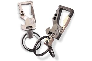 homEdge - Juego de 2 resistentes llaveros metálicos para llaves de coche con mosquetón, 2 anillas y abridor de botellas, color gris/dorado y plateado/ gris