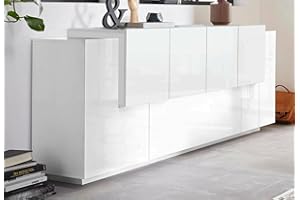 Dmora - Credenza Gennaro, Madia da cucina a 7 ante, Buffet da soggiorno, Madia da cucina, 100% Made in Italy, cm 200x45h86, Bianco lucido