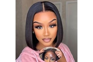 Wear and Go Glueless Lace Front Bob Wigs Brazilian Straight Human Hair 14 inch MSGEM 180% Density 5x5 Lace Closure HD Transparent Lace Front Bob Wigs for Black Women 12A Grade Natural Black Color