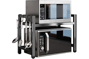 PKOUVOO Erweiterbares Mikrowellen Regal,Mikrowellenregal Ausziehbarer,Stehend Mikrowellenregal für Küche Organizer Mikrowellenständer Küchenregal Arbeitsplatte Bäckerregal mit 4 Haken (Schwarz)