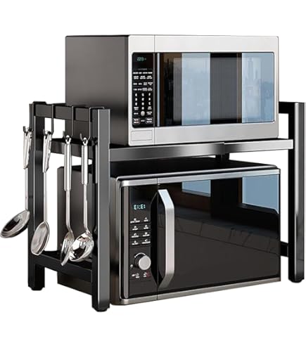 Virvia Étagère Extensible Pour Four à Micro-ondes, Support Réglable Pour Comptoir De Cuisine, étagère De Rangement Pour Ustensiles De Cuisine, étagère à 2 Niveaux En Acier Inoxydable Avec 4 Crochets