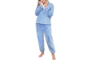 Niwicee Pijama para Mujer Invierno Conjunto de Pijama Forro Polar Super Suave Ropa de Dormir 2 Piezas Damas Ropa de Noche Manga Larga cálida y Pantalones Largos con Bolsillo