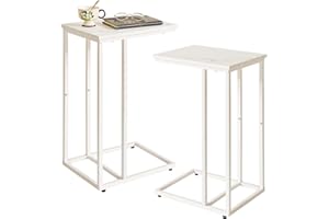 Aibiju Stolik końcowy w kształcie litery C, zestaw 2 sztuk, mały stolik pomocniczy na sofę i łóżko, biały stolik nocny, biurko na laptopa na kanapę 40 x 30 x 63 cm sztuczny marmur + biały YD-TM051W-2