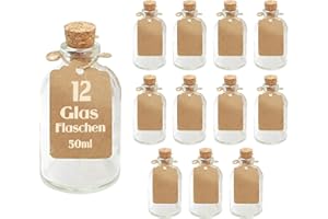 casavetro 12 x 50 ml kleine Glas-Fläschchen mit Kork Deckel, Glasflaschen für Hochzeit Geschenke set Gastgeschenke (12 Stück-inkl.alles)