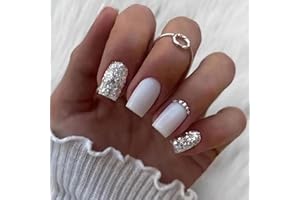 TMUT 24pcs Square False Nails White Press on Nails Glitter Silver Stick on Nails Removable Glue-on Nails Fake Nails Women Girls Nail Art Accessories