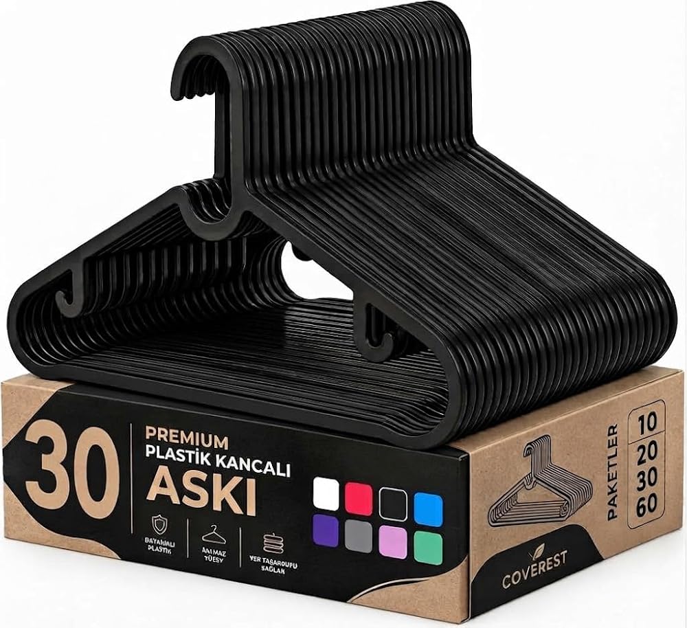 Coverest 30 Adet Slim Plastik Elbise Askısı, Gardrop İçin Alan Tasarruflu Pantolon Gömlek Ceket Etek Askısı, Kıyafet Askısı, 38.5 cm x 18 cm (30, SİYAH)