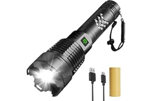 AQUOTA Torches LED Super Bright, 180000 High Lumens Rechargeable Torch, XHP160.8, 5 Lighting Modes, Adjustable Focus Flashlight, Long-Life Battery Powered USB Tactical Torch for Emergency, Hiking (New Black)