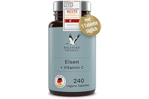 ‎BALANCED VITALITY Eisen 20 mg aus Eisenbisglycinat + 40 mg natürliches Vitamin C aus Acerola - 240 VEGANE Tabletten für 8 Monate - ohne Zusatzstoffe - laborgeprüft - Balanced Vitality