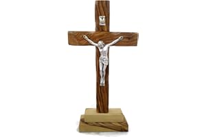 Elegant HolyRoses Olive Wood Standing Christian Cross Crucifix for Table Altar - Handcrafted 6" Wooden Religious Symbol - Bethlehem Craftsmanship