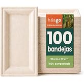HAAGO 100 Disposable Rectangular Sugarcane Plates (26 x 12 cm) - Bagasse Trays, Resistant, Anti-Grease and Anti-Leak - For Sn