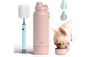 Miracle Pets Botella Agua Perros - Botella Termica 1 Litro -Cantimplora Acero Inoxidable - Asa Agarre Fácil Doble Aislamiento sin BPA -Bebedero Perro Portatil Incluye Cepillo Limpiador (Misty Rose)