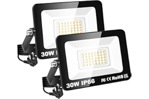 RIGIDON Projecteur Led Extérieur Avec Prise, 2x 30W 3000LM IP66 étanche Éclairage de Sécurité, Spot Led Lampe pour Patio Garage Terrasse Jardin Chantier Muraux Atelier, 3000K Blanc Chaud Luminaires