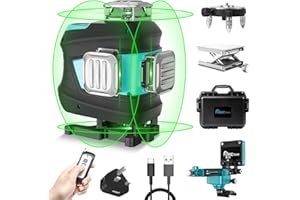 DECTEAM 4D Laser Level Green Self-Leveling, 4x360° 16 Lines Cross Horizontal & Vertical Laser Spirit Level, Remote Control, Li-ion Battery with Type-C Charging, Adjustable Rotating Base, Lifting Base