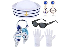 SHDIEHJFMLDH 5 Piezas Disfraz de Marinera para Mujer,Disfraz de Marinero Sombrero de Marinero,Bufanda Marinero Náutico,Gafas de Sol Guantes,Pendientes Marinos para Fiesta de Disfraces de Traje Marino de Cosplay
