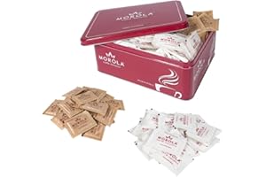 MOROLA Zucchero Mix 300 Pezzi - Kit 150 Bustine di Zucchero di Bianco e 150 Bustine di Zucchero di Canna + Box Metallico Multiuso - Set Accessori Caffè