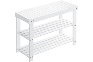 SONGMICS Shoe Rack Bench, 3-Tier Bamboo Shoe Storage Organizer, Entryway Bench, Holds Up to 286 lb, 11.3 x 27.6 x 17.8 Inches, for Entryway Bathroom Bedroom, White LBS004W01