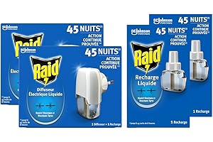 RAID ESSENTIALS Raid Diffuseur Électrique Liquide - Répulsif Moustiques et Moustiques Tigres 45 Nuits - Sans Parfum Ajouté - 2 Diffuseurs + 4 Recharges