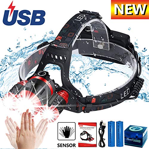 AUKELLY LED Linterna Frontal USB Recargable Linternas Frontals Alta Potencia,LED Lámpara de Cabeza 4 Modos,3 XML-T6 Linterna Frontal 1000 Lumen,Linternas Frontal para Camping,con 18650 Baterías