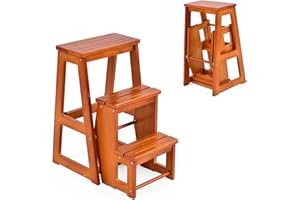 RELAX4LIFE Escabeau Tabouret Pliant 3 Marches Fabriqué en Pin, Multifonctionnel Portable Peu Encombrant Décoratif en Bois Naturel, Cuisine Chambre Bureau Magasin (Noyer)