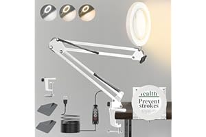 ZABOUL 10X Magnifying Glass with Light, 3 Color Modes Stepless Dimmable Lighted Magnifier Clamp Lamp, Adjustable Arm 4.3" Diameter Real Glass Lens LED Magnifying Glasses for Hobbies Reading Work (White)