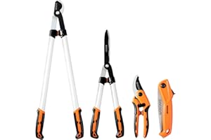 GARCARE 4PCS Garden Shears Pruning Set with Bypass Pruning Shears Compound Lopper Hedge Shears and Folding Saw with Carbon Steel Sharp Blades
