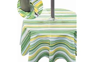 Eternal Beauty Nappe ronde de 132 cm à rayures vertes et jaunes pour intérieur ou extérieur avec trou pour parapluie et fermeture éclair pour terrasse, jardin, fête et barbecue (132 cm)