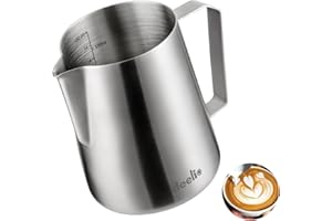 MEELIOCAFE Jarra de Leche de Acero Inoxidable, 600 ml, Jarra de Espuma de Leche Barista, Crema de café, espumador de Leche, Jarra de Leche con medición de Marcas, espumar Leche para Capuchino y latté