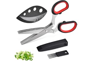 BUTYEAK Ciseaux de Cuisine à 5 Lames en Acier Inoxydable, Ciseaux à Épices Ciboulette Avec Couvercle de Sécurité et Peigne de Nettoyage Pour les Herbes Aromatiques, la Ciboulette, Noir Rouge